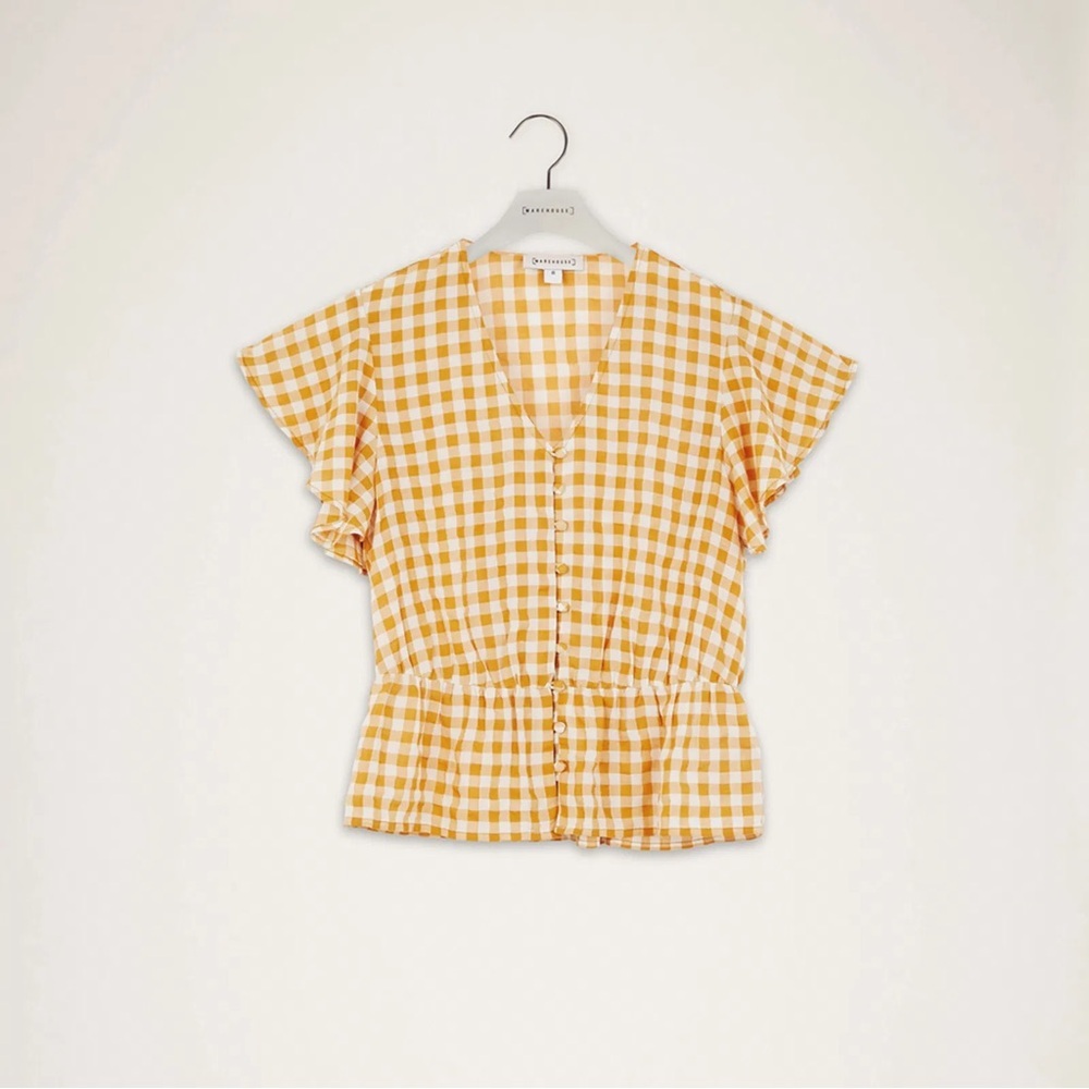 Warehouse Women’s Mustard Yellow Gingham Peplum Hem Top - Picture 2 of 14